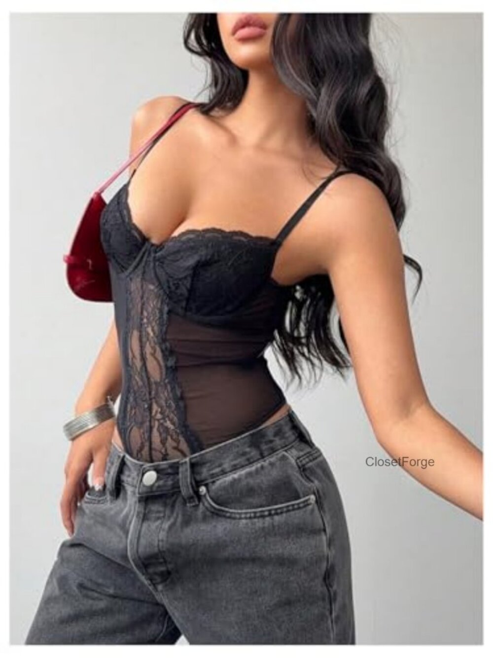Floral Lace Bodysuit Sheer Mesh Corset Top Party Club - Picture 4 of 4